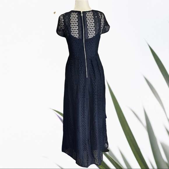 ZARA Basic| Navy Blue Maxi Dress with Lace/Eyelet overlay, fitted w Back Zip NWT - Picture 2 of 14